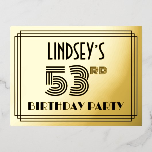 53rd Birthday Party ~ Art Deco Style "53" + Name Folie Uitnodiging Briefkaart (Voorkant)