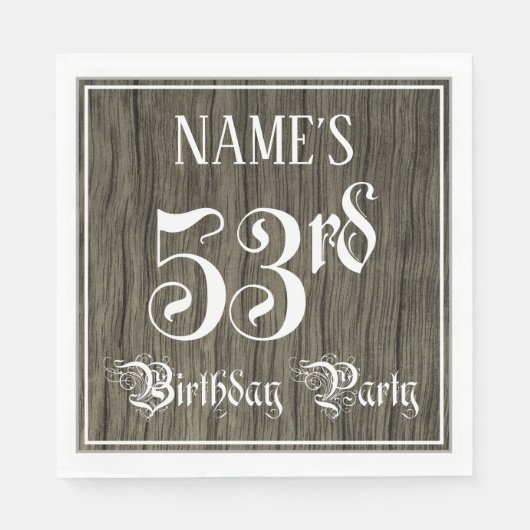 53rd Birthday Party — Fancy script, Faux Wood Kijk Servet (Voorkant)