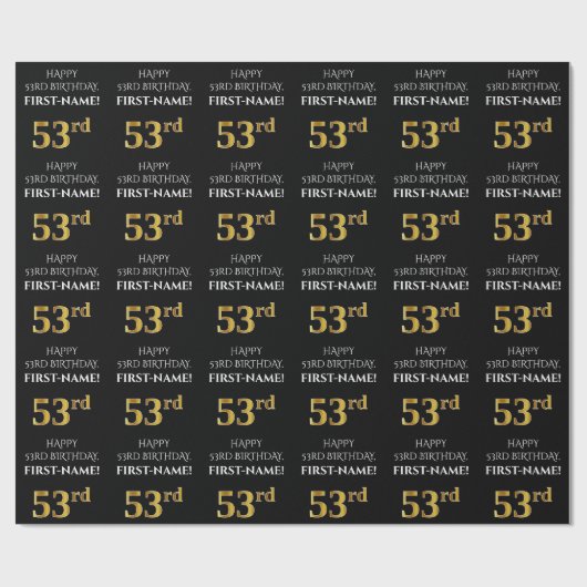 53ste verjaardag: Elegant, zwart, Faux Gold look Cadeaupapier (Vlak)