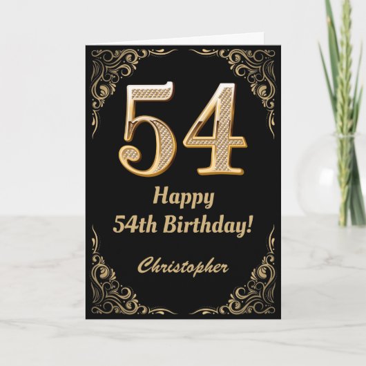 54e Birthday Black en Gold Glitter Lijst Kaart (Voorkant)