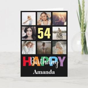 54e Happy Birthday Photo Collage Modern Black Kaart