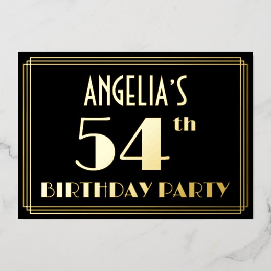 54e verjaardag: Art Deco Kijk "54", met naam Folie Uitnodiging (Voorkant)