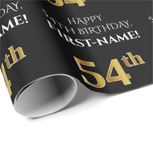 54e verjaardag: Elegant, zwart, Faux Gold look Cadeaupapier (Rol Hoek)