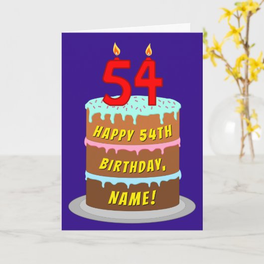 54e verjaardag: Fun Cake and Candles + Custom Name Kaart (Gele Bloem)