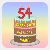 54e verjaardag: Fun Cake and Candles + Custom Name Vierkante Sticker (Voorkant)