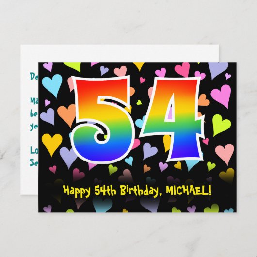 54e verjaardag: Fun Hearts Pattern, Rainbow 54 Briefkaart (Voorkant / Achterkant)