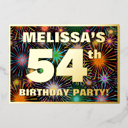 54e verjaardag — Fun, kleurrijke Fireworks look Folie Uitnodiging (Voorkant)