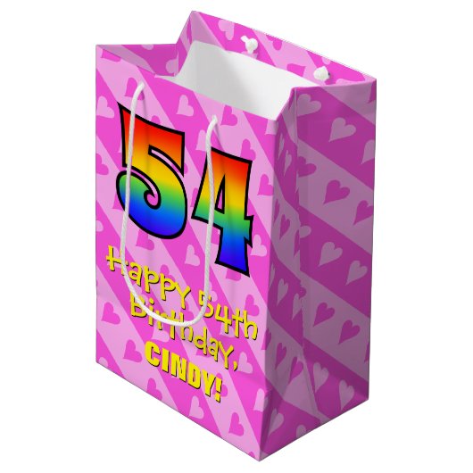 54e verjaardag: Fun Pink Hearts Stripes; Rainbow 5 Medium Cadeauzakje (Voorkant Gekanteld)