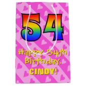 54e verjaardag: Fun Pink Hearts Stripes; Rainbow 5 Medium Cadeauzakje (Voorkant)