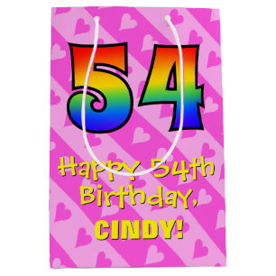 54e verjaardag: Fun Pink Hearts Stripes; Rainbow 5 Medium Cadeauzakje