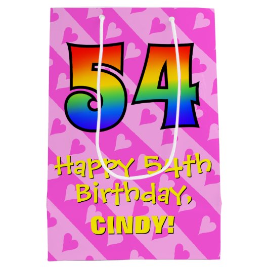 54e verjaardag: Fun Pink Hearts Stripes; Rainbow 5 Medium Cadeauzakje (Achterkant)