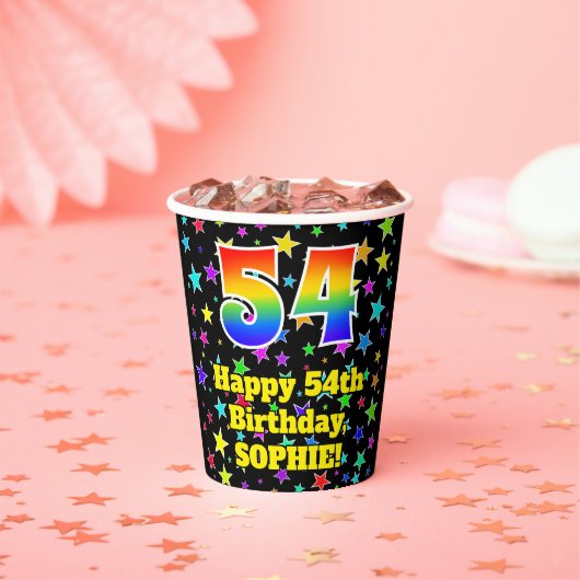 54e verjaardag: Fun Stars Pattern en Rainbow 54 Papieren Bekers (Insitu)