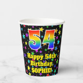 54e verjaardag: Fun Stars Pattern en Rainbow 54 Papieren Bekers (Achterkant)