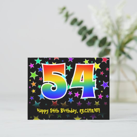 54e verjaardag: Fun Stars Pattern, Rainbow 54, Naa Briefkaart (Staand voorkant)