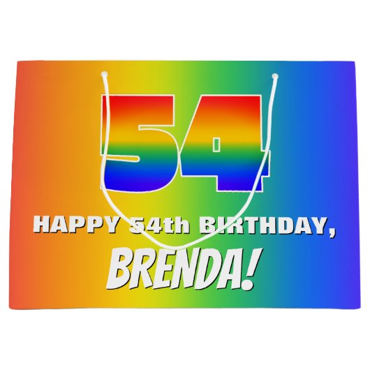 54e verjaardag: kleurrijk, vun regenboogpatroon #  groot cadeauzakje (Voorkant)