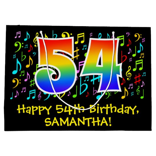 54e verjaardag - Kleurrijke muzieksymbolen, Rainbo Groot Cadeauzakje (Achterkant)