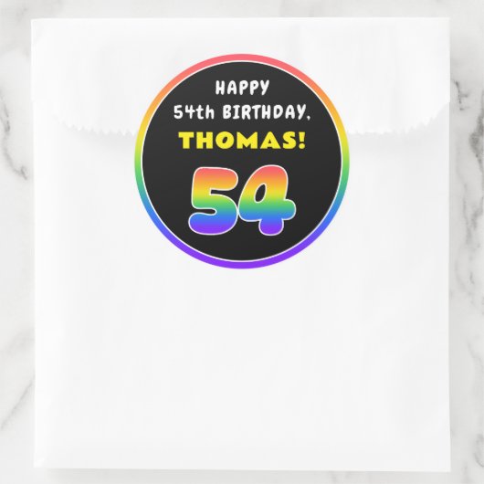 54e verjaardag: kleurrijke regenboog # 54, Naam va Ronde Sticker (Tas)