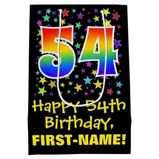 54e verjaardag: Kleurrijke Sterren Patroon & Regen Medium Cadeauzakje (Achterkant)