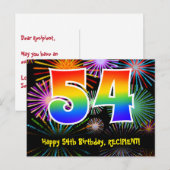 54e verjaardag – leuk vuurwerkpatroon + regenboog  briefkaart (Voorkant / Achterkant)