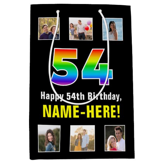 54e verjaardag: Regenboog "54", aangepaste foto's  Medium Cadeauzakje (Voorkant)