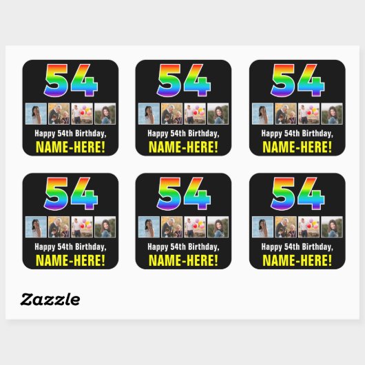 54e verjaardag: Regenboog "54"; Aangepaste foto's  Vierkante Sticker (Vel)
