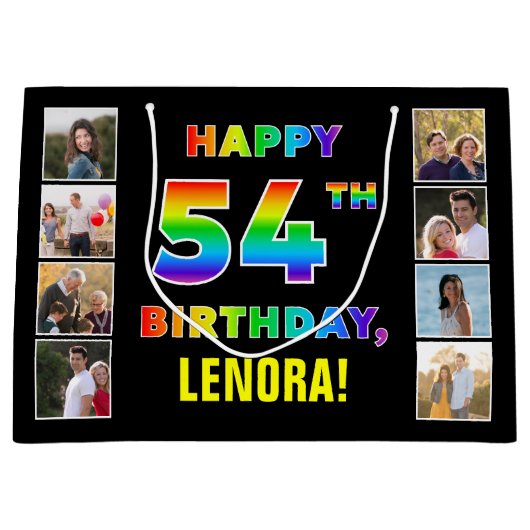 54e verjaardag: regenboogtekst, aangepaste foto's  groot cadeauzakje (Voorkant)