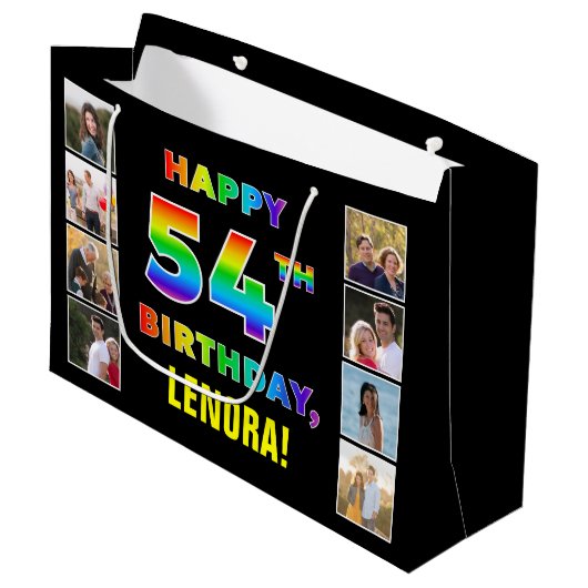 54e verjaardag: regenboogtekst, aangepaste foto's  groot cadeauzakje (Voorkant Gekanteld)