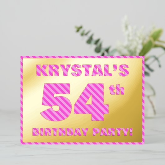 54e verjaardag — Vet, vun, roze band # 54 Folie Uitnodiging (Staand Voorkant)