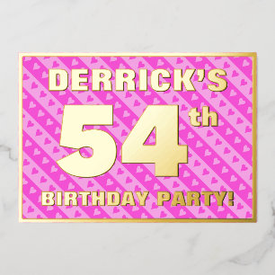 54e verjaardag — vuurroze harten en strips folie uitnodiging