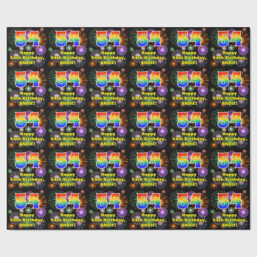 54e verjaardag: vuurwerk, regenboogblik # "54" cadeaupapier (Zoom)