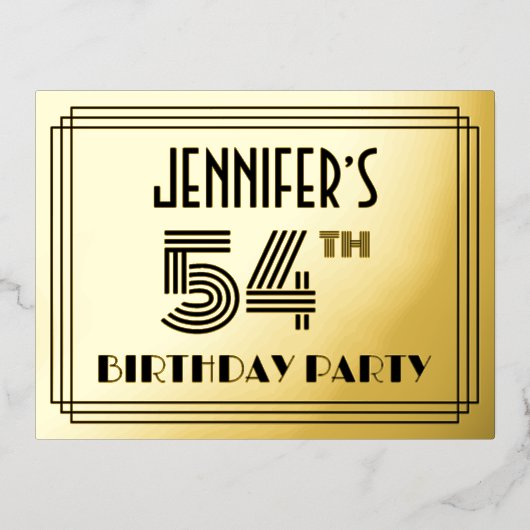 54e Verjaardagsfeest ~ Art Deco Stijl “54” + Naam Folie Uitnodiging Briefkaart (Voorkant)