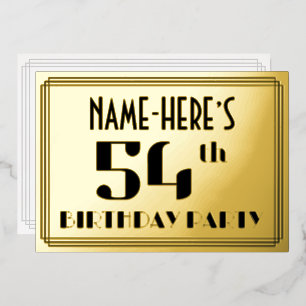 54ste verjaardag: Art Deco Kijk "54" en naam Folie Uitnodiging