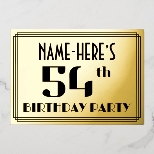 54ste verjaardag: Art Deco Kijk "54" en naam Folie Uitnodiging (Voorkant)