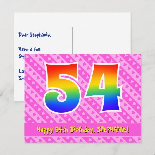 54ste verjaardag: Roze strepen & harten, Regenboog Briefkaart (Voorkant / Achterkant)
