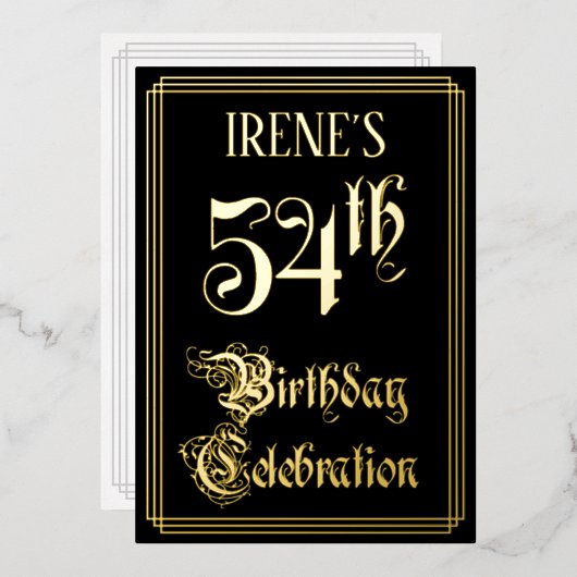54ste verjaardagsfeest — Fantasievol script & aang Folie Uitnodiging (Voorkant / Achterkant)