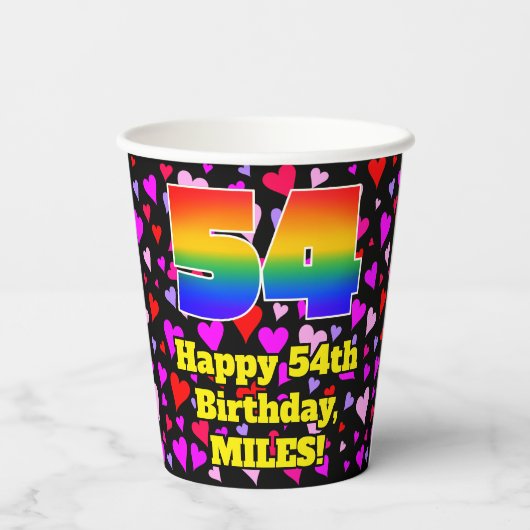 54th Birthday: Loving Hearts Pattern, Rainbow 54 Papieren Bekers (Achterkant)