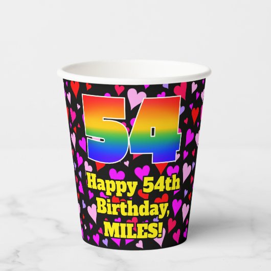 54th Birthday: Loving Hearts Pattern, Rainbow 54 Papieren Bekers (Voorkant)