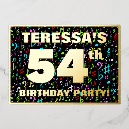 54th Birthday Party — Fun, Colorful Music Symbols Folie Uitnodiging (Voorkant)