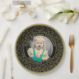 55 Jouw foto Willekeurig cijferpatroon Zwart/Goud Papieren Bordje