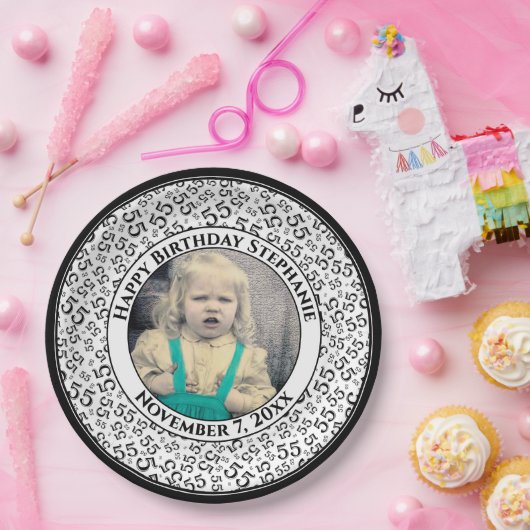 55 Your Photo Random Number Pattern Black/White Papieren Bordje (Feest)