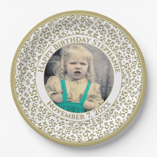 55 Your Photo Random Number Pattern Gold/White Papieren Bordje (Voorkant)