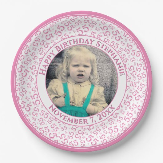 55 Your Photo Random Number Pattern Pink/White Papieren Bordje (Voorkant)