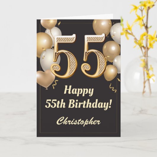 55e Birthday Black en Gold Balloons Confetti Kaart (Gele Bloem)