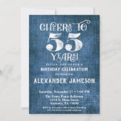 55e Birthday Invitation Blue Linen Rustic Cheers Kaart (Voorkant)