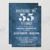 55e Birthday Invitation Blue Linen Rustic Cheers Kaart (Voorkant / Achterkant)