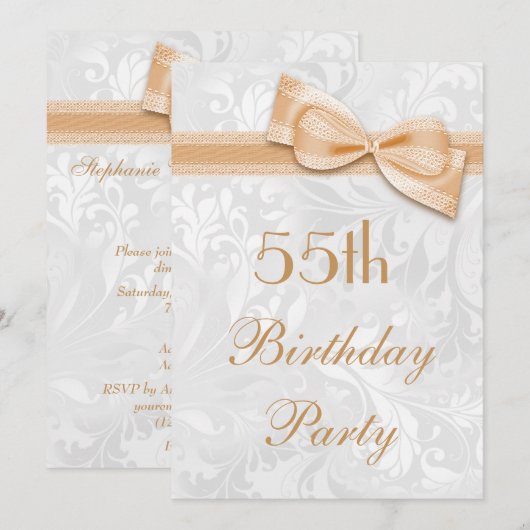 55e Birthday Party Damask en Faux Bow Kaart (Voorkant / Achterkant)