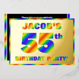55e Birthday Party — Fun, regenboogspectrum "55" Folie Uitnodiging