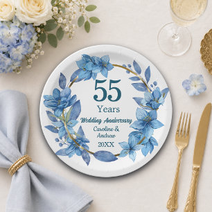 55e Blauwe Bloemige Smaragd Bruiloftjubileum Papieren Bordje