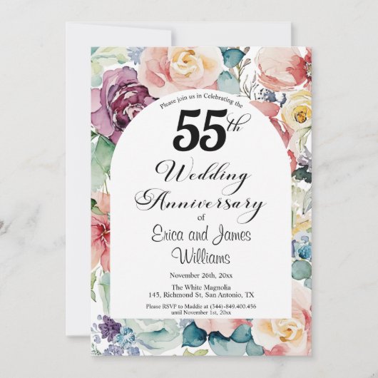 55e bruiloft Jubileum Elegant Script Floral Kaart (Voorkant)