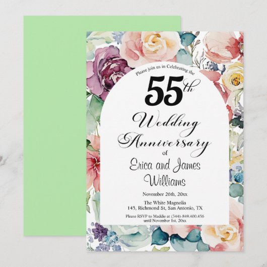 55e bruiloft Jubileum Elegant Script Floral Kaart (Voorkant / Achterkant)